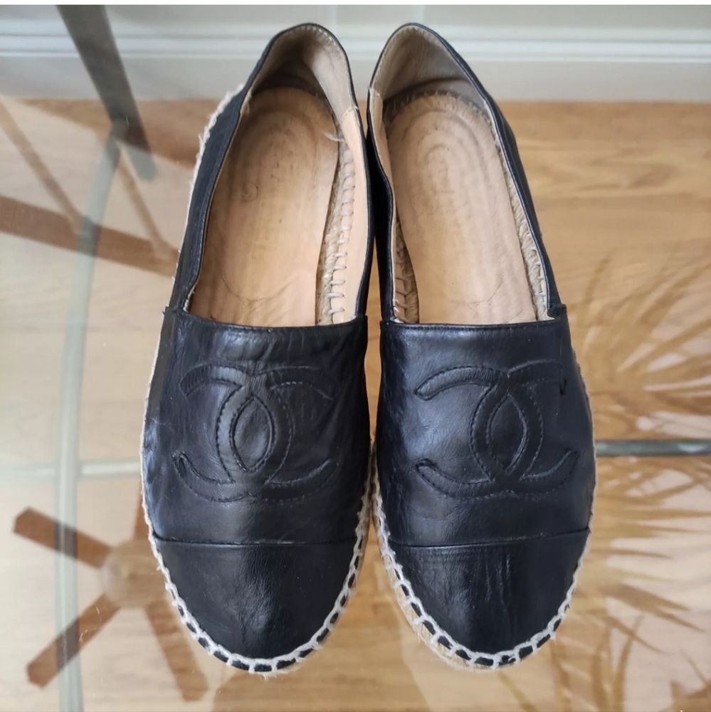 CHANEL CC Logos Espadrilles flats 36 black leather